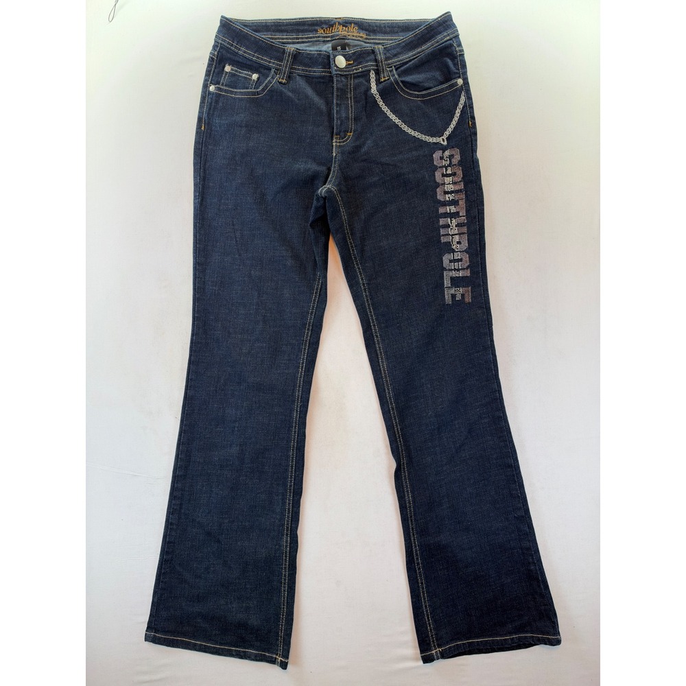 Southpole Sport Dark Wash Denim Jeans Embroidered Logo Chain Detail Blue Size 15